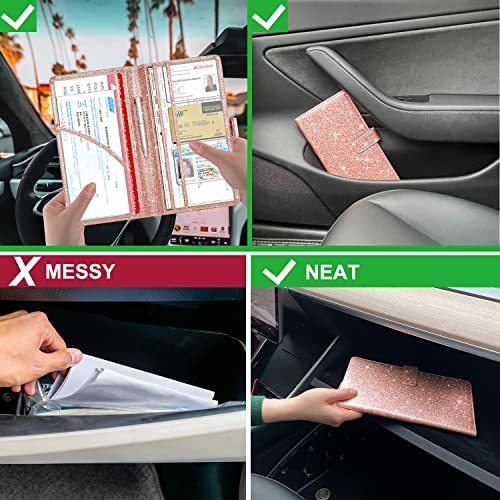 RSAquar Car Registration & Insurance Holder, Vehicle Glove Box Organizer, Cool Accessories for ID, Driver License Cards & Essential Documents, Glitter Rose Gold - color: Glitter Rose Gold