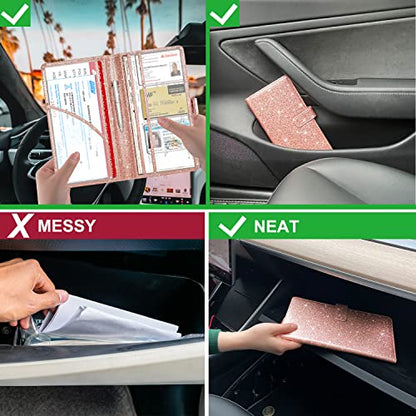 RSAquar Car Registration & Insurance Holder, Vehicle Glove Box Organizer, Cool Accessories for ID, Driver License Cards & Essential Documents, Glitter Rose Gold - color: Glitter Rose Gold