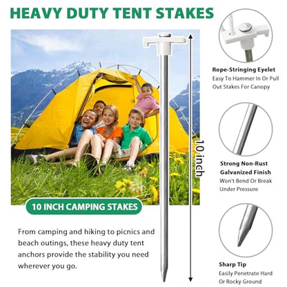 Eurmax USA 10-Pack Secure Protection Galvanized Tent Stakes,Rust-Proof Steel Canopy Anchors for High Winds,Heavy Duty Commercial Ground Pegs for Camping,Pop Up Tents&Gazebos - Includes 4x10ft Ropes - color: White, style: Stakes 10-pack