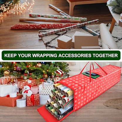 Christmas Wrapping Paper Storage Containers,40 Inch Gift Wrapping Organizer Storage,Fits 20 Standard Rolls of Wrapping Paper,Breathable Fabric, Square - color: red-40in-1p