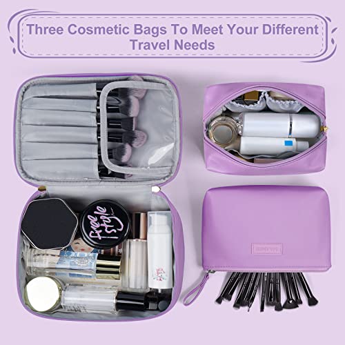 MAANGE Travel Makeup Bag - Large Makeup Bag with 2pcs Small Makeup Bag Portable Leather Cosmetic Bag Toiletry Bag Make Up Bags for Women and Girls (Purple) - color: Purple