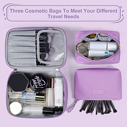 MAANGE Travel Makeup Bag - Large Makeup Bag with 2pcs Small Makeup Bag Portable Leather Cosmetic Bag Toiletry Bag Make Up Bags for Women and Girls (Purple) - color: Purple