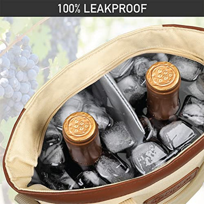 opux Two Bottle Wine Bag Carrier Tote, Insulated Leakproof 2 Bottle Wine Cooler Bag for Travel BYOB Picnic, Portable Wine Case, Gift for Men Women Wine Lover Birthday Party Christmas, Cream Beige - color: Cream Beige
