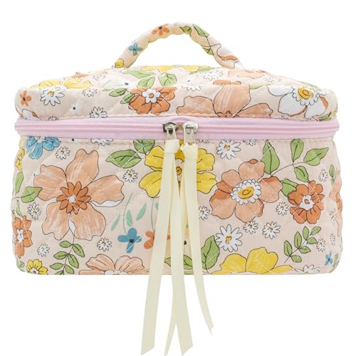 PAZIMIIK Quilted Makeup Bag Large Travel Zipper Soft Cosmetic Case for Women Girls Make Up,Floral Orange - color: Floral Orange, size: 1 PCS Bag