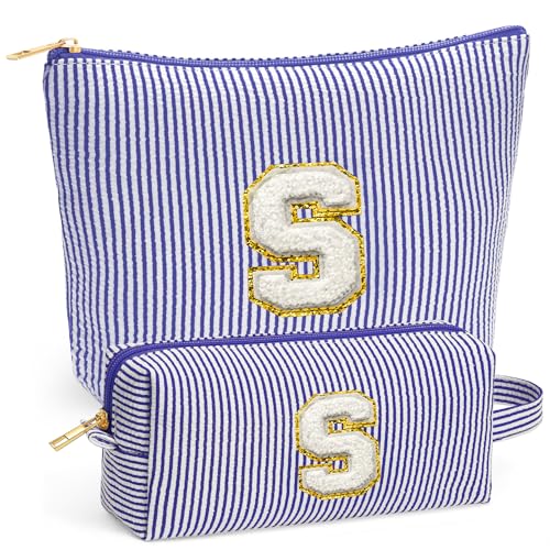 Travel Cute Makeup Bag Set - Make up Cosmetic Bag for Women, Small Makeup Bag for Purse Makeup Kit | Blue Stuff Birthday Gifts for Women Travel Essentials, Blue Letter S - color: Blue, style: S