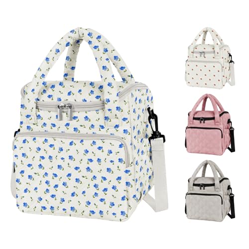 Women's Insulated Lunch Tote Bag - Inch Quilted Lunch Box for Women, Large Waterproof Cooler Bag with Pockets for Work, Picnic, Adult (blue flower) - color: blue flower