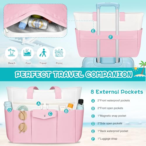 Beach Bags for Women Large Canvas Beach Tote with Zipper Wet Pocket, Waterproof Foldable Swim Pool Travel Tote Bags - color: Pink