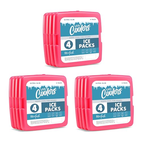 Cool Coolers by Fit + Fresh, Reusable & Long-Lasting Slim Ice Packs, Cold Packs for Cooler, Flat ice Packs for Lunch Bags. Cooler Accessories for Lunchboxes, Camping, Beach, Lunch, & Work, 12PK, Pink - color: Pink 12 PK