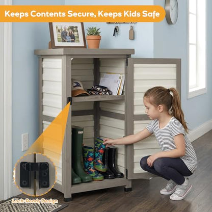 Outdoor Storage Cabinet with Metal Top, Wooden & Plastic Potting Bench & Tool Organizer, Adjustable Shelf for Patio Backyard Garden, Small Outdoor Cabinet for Tools - size: 18"L x 18"W x 33.5"H White
