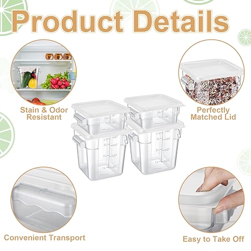Barydat 4 Pcs Square Food Storage Containers with Lids Measurement Scales, 2qt & 4qt Clear Plastic Stackable Containers for Dough Proofing Baking Kitchen Restaurant and Pantry Organization(White) - color: White