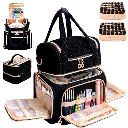 Nail Polish Organizer Bag Holds 70 Bottles& Nail Lamp, Velvet Nail Kit Storage Carrying Case with 2 Removable Pouches, Portable Nail Supplies Shoulder Bag for Manicure Tools (Elegant Black) - color: Elegant Black