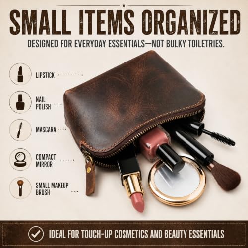 Full Grain Leather Cosmetic Bag – Zippered Makeup Pouch for Women, Small Travel Toiletry & Organizer Pouch for Purse, Premium Handmade Leather (5 × 4 × 2.5 in) - color: Brown