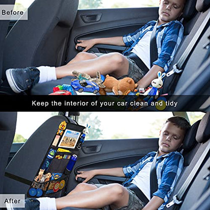 Ecurfu Backseat Car Organizer with 10 Compartments, 10 Inch Tablet Holder, Waterproof Storage Bag for Kids Cars - 600D Oxford Fabric, Black (1PC)