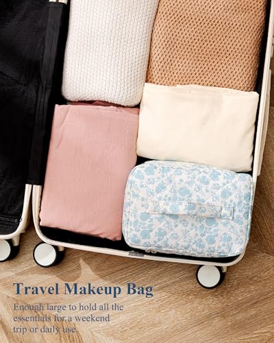 HBselect Initial Quilted Makeup Bag, Cotton Large Travel Make up Bag, Cute Floral Coquette Cosmetic Bag Toiletry Bag for Women Girls C - color: 1Pc Large Blueflower, style: C