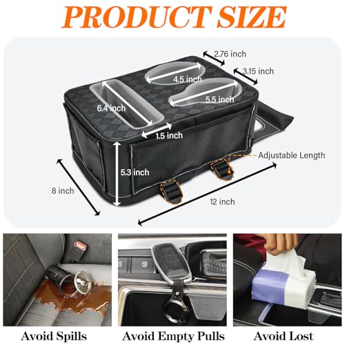 Auto Center Console Cup Holder Organizer, Universal PU Leather Armrest Storage Box with Tissue Holder & Side Pockets, Multi-use for Car Front/Back Seat, Truck, RV, Boat
