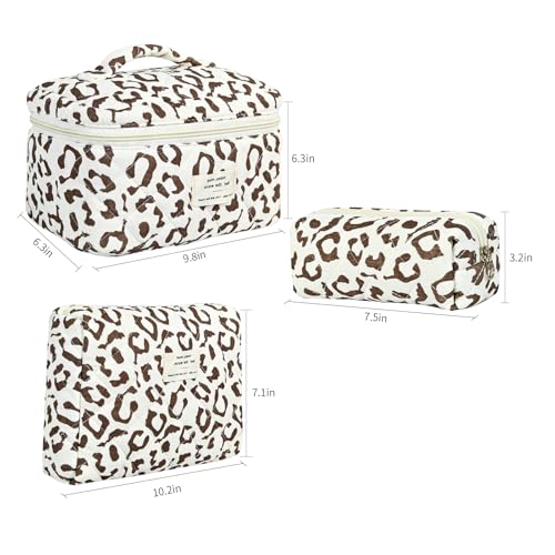 GISMTR 3Pcs Makeup Bag Cotton Quilted Travel Cosmetic Bag Cute Floral Makeup Pouch Large Toiletry Bag for Women Girls - color: Coffee leopard print