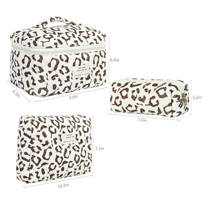 GISMTR 3Pcs Makeup Bag Cotton Quilted Travel Cosmetic Bag Cute Floral Makeup Pouch Large Toiletry Bag for Women Girls - color: Coffee leopard print