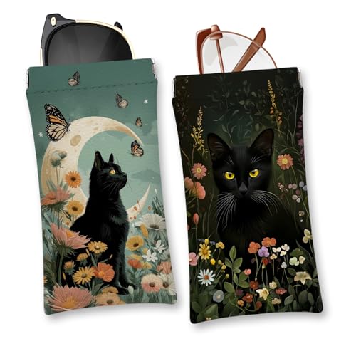 Eyeglasses Sunglasses Case PU Soft Squeeze Top Glasses Pouch for Women Men,Animal Pattern Portable Anti Scratch - color: Black-cat