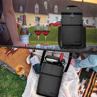 opux 2 Bottle Wine Carrier Tote, Insulated Leakproof Wine Cooler Bag, Wine Travel Bag for Picnic BYOB Beach, Portable Wine Bottle Carrying Case, Gift for Wine Lover Women Men Christmas, Charcoal Grey - color: Charcoal