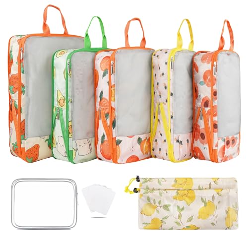 7 Pcs Compression Packing Cubes Travel for Suitcases, Luggage Organizer Washable Storage Bags Set for Backpack Travel- Packaging Cubes for Carry-Ons and Storage - color: orange