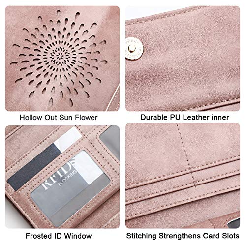 APHISON Womens Wallets RFID Blocking Leather Clutch Long Wallet for Women Card Holder Phone Organizer Ladies Travel Purse Hollow Out Sunflower Design Gift - color: dark-pink