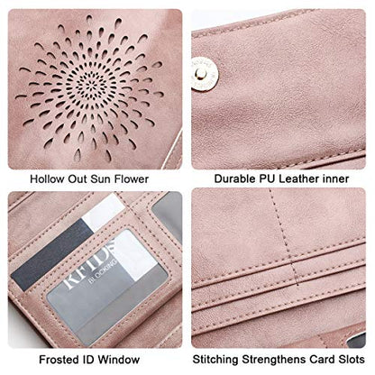 APHISON Womens Wallets RFID Blocking Leather Clutch Long Wallet for Women Card Holder Phone Organizer Ladies Travel Purse Hollow Out Sunflower Design Gift - color: dark-pink