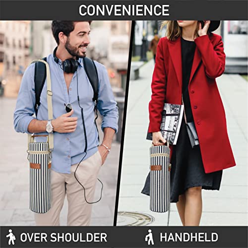 opux Wine Bag Single Bottle Carrier Tote, Insulated Wine Cooler Bag for Travel Picnic Beach with Shoulder Strap, Thermal One Bottle Holder Carrying Case Gift for Women Men, Navy White Stripes - color: Navy Stripes