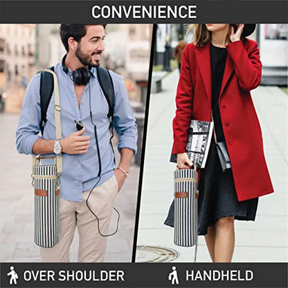 opux Wine Bag Single Bottle Carrier Tote, Insulated Wine Cooler Bag for Travel Picnic Beach with Shoulder Strap, Thermal One Bottle Holder Carrying Case Gift for Women Men, Navy White Stripes - color: Navy Stripes