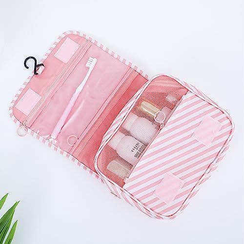 Travel Toiletry Bag for Women, Hanging Toiletry Bag with Multi-Pockets, Toiletry Bag for Traveling Easy Clean, Travel Organizer Bag Pink-strip - color: Pink-strip