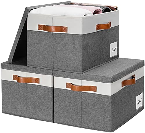 GhvyenntteS Extra Large Storage Bins with Lids, Foldable Fabric Storage Boxes with Lids and Handles, Storage Baskets with Lid and Label for Home Office (3 Pack, Grey, 15.75" x 11.8" x 10.2") - color: Grey with White, size: Extra Large-3 Pack