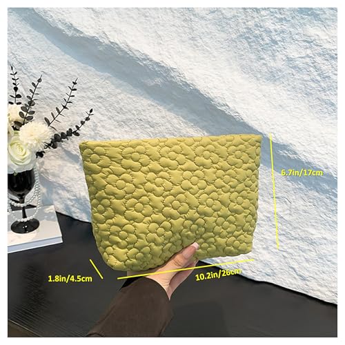 Puffy Quilted Makeup Bag for Women, Cosmetic Bag, Travel Toiletry Organizer Pouch Clutch (Green Flowers) - color: Green Flowers