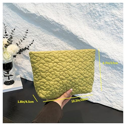Puffy Quilted Makeup Bag for Women, Cosmetic Bag, Travel Toiletry Organizer Pouch Clutch (Green Flowers) - color: Green Flowers