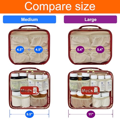 Medium Travel Pill Bottle Organizer, Clear Medicine Bag, 2 Zipper Compartments with Divider and Mesh Pockets, Easy View of Medications, Medical Supplies, and Toiletries, PVC - Red - color: - Pvc Red, size: M (Pack of 1)