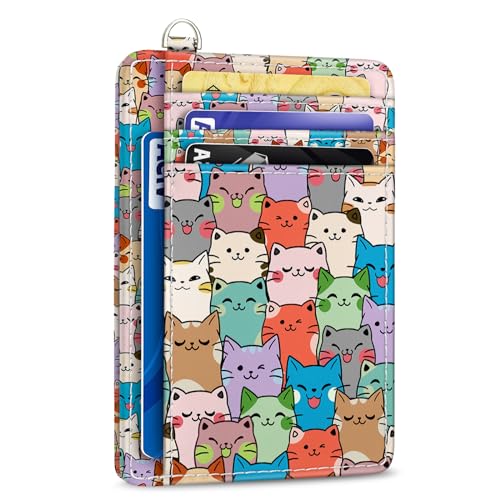 Yonlevres Cat Credit Card Holder Slim Wallet, RFID Wallet Women Front Pocket Small Card Holder, Travel Cute Funny Thin ID Window PU Leather RFID Blocking Case Organizer Gift Girls Ladies - color: Cat