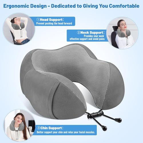 CloudBliss Memory Foam Travel Pillow for Airplane, Neck Pillow for Traveling, Airplane Pillow for Long Flight Travel, Compact Neck Pillow with Eye Mask, Earplugs, Carry Bag, Trip Essentials, Dark Grey - color: Dark Grey