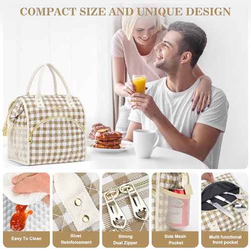 LOKASS Insulated Lunch Bag Women- Reusable 10 L Lunch Box for Women - Leakproof Tote Cooler Bag for Adults Work, Beach, Travel, Picnic （Brown&White Diamond Grid） - color: Brown Check