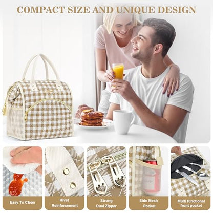LOKASS Insulated Lunch Bag Women- Reusable 10 L Lunch Box for Women - Leakproof Tote Cooler Bag for Adults Work, Beach, Travel, Picnic （Brown&White Diamond Grid） - color: Brown Check