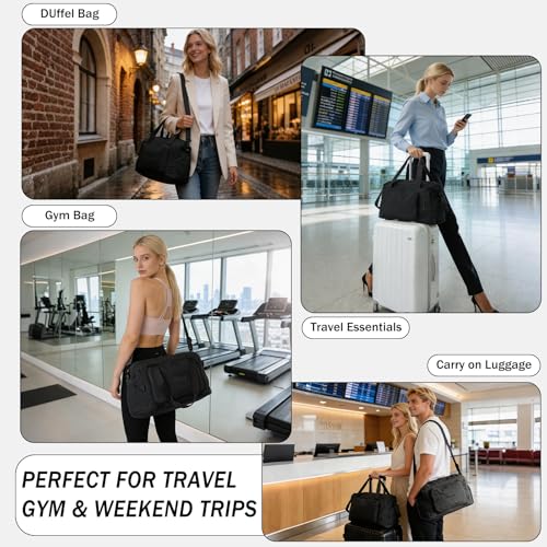 Travel Duffel Bag, 30–40L Expandable Weekender Bag with Shoe Compartment, Foldable Carry On Travel Bag with Wet Pocket and Matching Pouch - color: Black