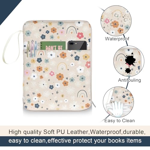 Rainbow Book Sleeve Pouch with Zipper, Paperback Book Protector Case,PU Leather Waterproof Book Pouch,Cute Floral Print Travel Book Carrying Case for Book Lovers Women,Book Cover for Hardcover
