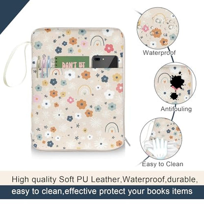 Rainbow Book Sleeve Pouch with Zipper, Paperback Book Protector Case,PU Leather Waterproof Book Pouch,Cute Floral Print Travel Book Carrying Case for Book Lovers Women,Book Cover for Hardcover