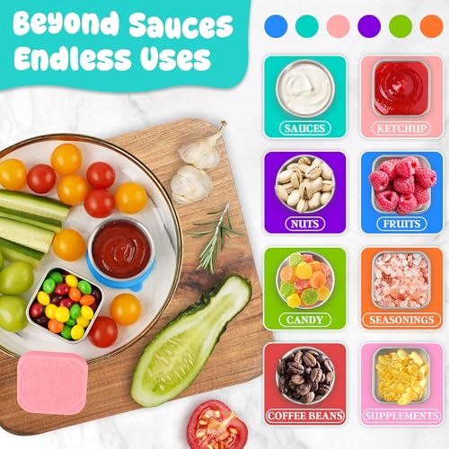 LIEMAND 6PCS Salad Dressing Container to Go, Leakproof Reusable Stainless Steel small container with lid,Sauce Containers for Lunch box,Picnics,Travel,Office and Meal Prep-1.6+2.7 Sets - color: Rainbow, size: 1.6oz Round+2.7oz Square