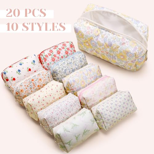 Paterr 20 Pcs Cotton Quilted Makeup Bag Bulk Cute Coquette Aesthetic Preppy Cosmetic Bag for Women Girls Bridesmaid Gifts Wedding Party Favor Christmas Travel Toiletry Pouch Trendy Stuff(Ditsy Floral) - style: Ditsy Floral