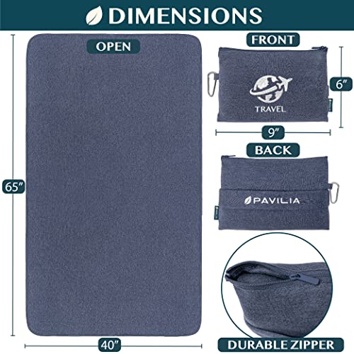 PAVILIA Travel Blanket Compact, Airplane Packable Bag, Soft Fleece Portable Throw Pillow Combo Set, Plane Flight Car Trips Essentials Gift Accessories, Luggage Backpack Clip, Navy Blue, 65 x 40 inch - color: Navy