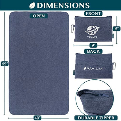 PAVILIA Travel Blanket Compact, Airplane Packable Bag, Soft Fleece Portable Throw Pillow Combo Set, Plane Flight Car Trips Essentials Gift Accessories, Luggage Backpack Clip, Navy Blue, 65 x 40 inch - color: Navy
