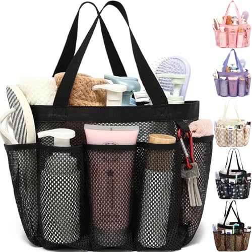 Fammart Mesh Shower Caddy Portable for College Dorm Room Essentials, Odorless Polyester Large Shower Tote Bag with Dual Handles, 8-Pocket Quick-Dry Toiletry Organizer for Travel, Beach, Camping, Gym - color: Multiple Pockets - Black