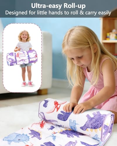 Primlect Thickened Toddler Nap Mat with Removable Pillow and Minky Blanket, Extra Large 55''x35'' Sleeping Bag, Washable, Roll up, Perfect for Daycare, Preschool, Kindergarten, Boys and Girls Dinosaur - color: purple