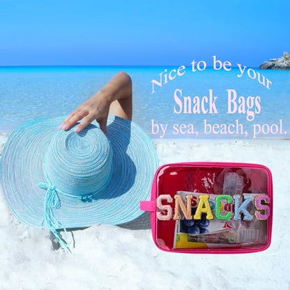 Snack Bags Clear Makeup Bag Large Suncreen Bag Travel Toiletry Bag Chenille Glitter Nylon Cosmetic Pouch (XL, Hot Pink-Snacks) - color: Clear HotPink-Snacks, size: XL