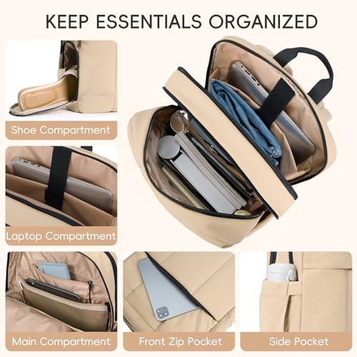 CLUCI Lightweight Travel Backpack Carry on Flight Approved, Puffy Gym Backpack with Shoe Compartment, Personal Item Travel Bag, 15.6 inch Laptop Backpack for Weekender Business - color: Soft Khaki