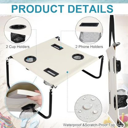 Portable Beach Table Foldable Camping Picnic Table with Cup Holder and Phone Pockets Lightweight Stable for Tailgate Travel Fishing Hiking and Outdoor Adventures(White,Solid Pattern) - color: White