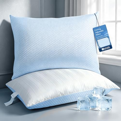 Blue Ridge Home Fashions Luxury Hotel Quality Cooling Pillows Queen Size Set of 2, Soft Medium 500 Thread Count Damask Stripe Embroidered 100% Cotton Cover, Down Alternative - size: Queen Size Set of 2